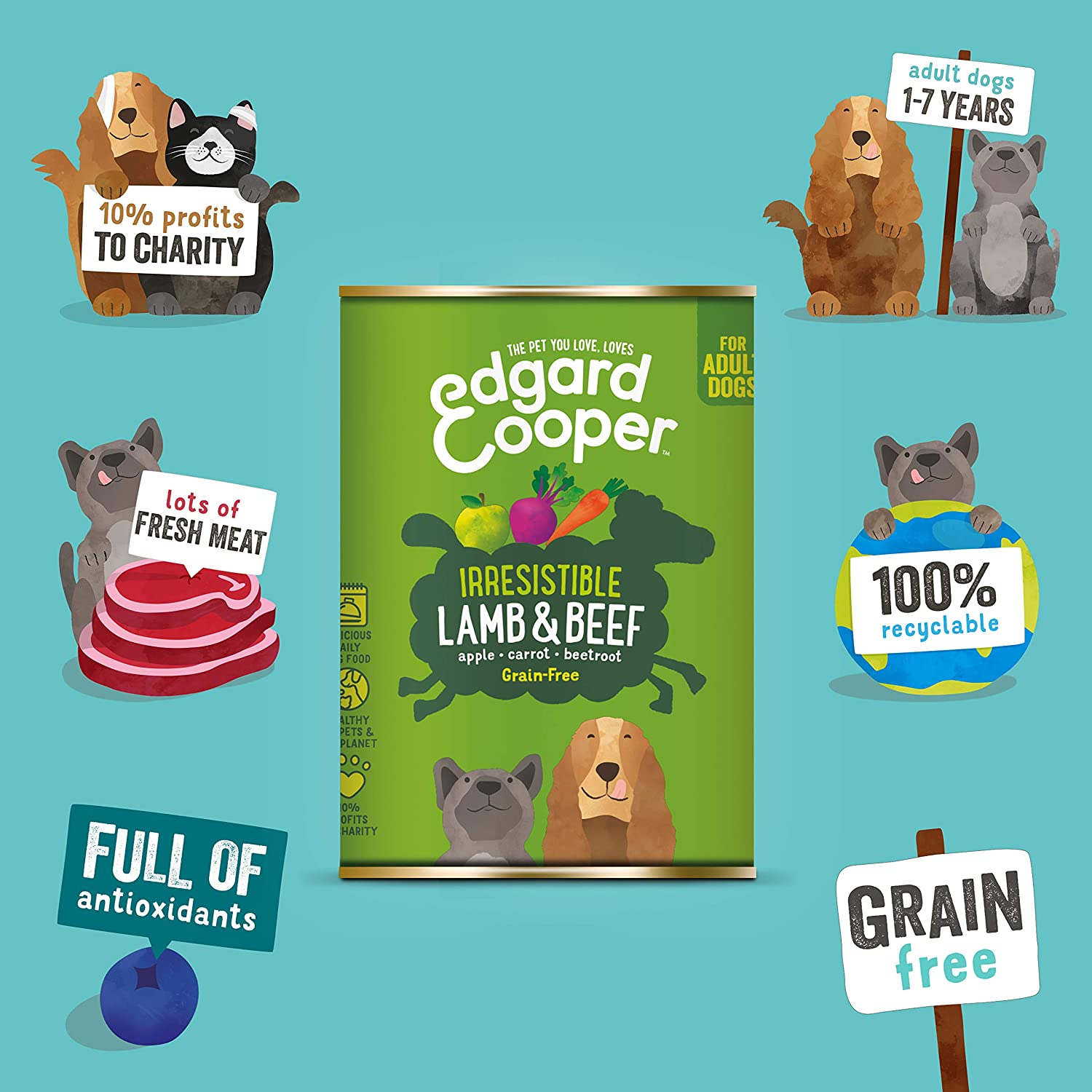  Edgard & Cooper Comida humeda Perros Adultos sin Cereales, Natural con Cordero y Ternera. Alimentación balanceada y Sana con proteinas y aminoácidos. Carne 100% Fresca. Pack de 6x400gr 