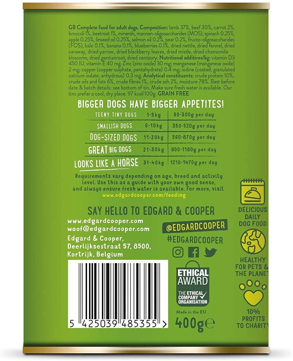  Edgard & Cooper Comida humeda Perros Adultos sin Cereales, Natural con Cordero y Ternera. Alimentación balanceada y Sana con proteinas y aminoácidos. Carne 100% Fresca. Pack de 6x400gr 