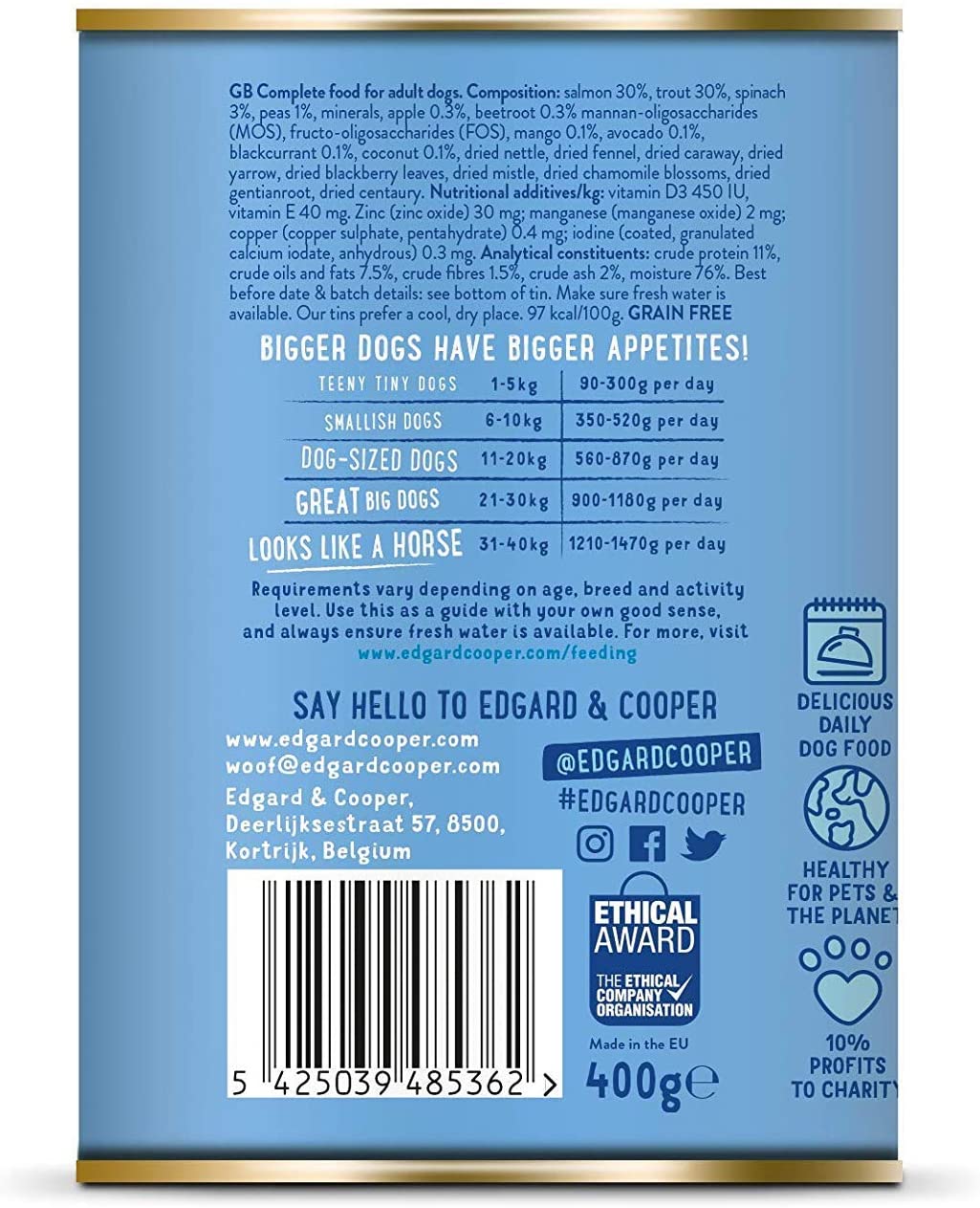  Edgard & Cooper Comida humeda Perros Adultos sin Cereales, Natural con Salmón y Trucha. Alimentación balanceada con Omega 3 para un Pelaje Suave y Brillante Carne 100% Fresca. Pack de 6x400gr 