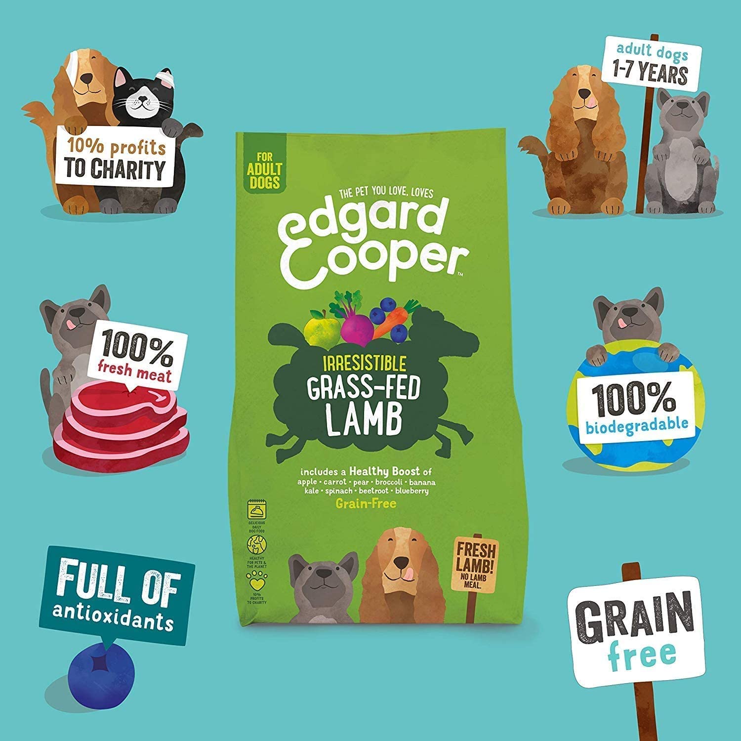  Edgard & Cooper pienso para Perros Adultos sin Cereales, Natural con Cordero Fresco, 2.5kg. Comida Premium balanceada sin harinas de Carne ni Carnes sobreprocesadas, cocinada a Baja Temperatura 