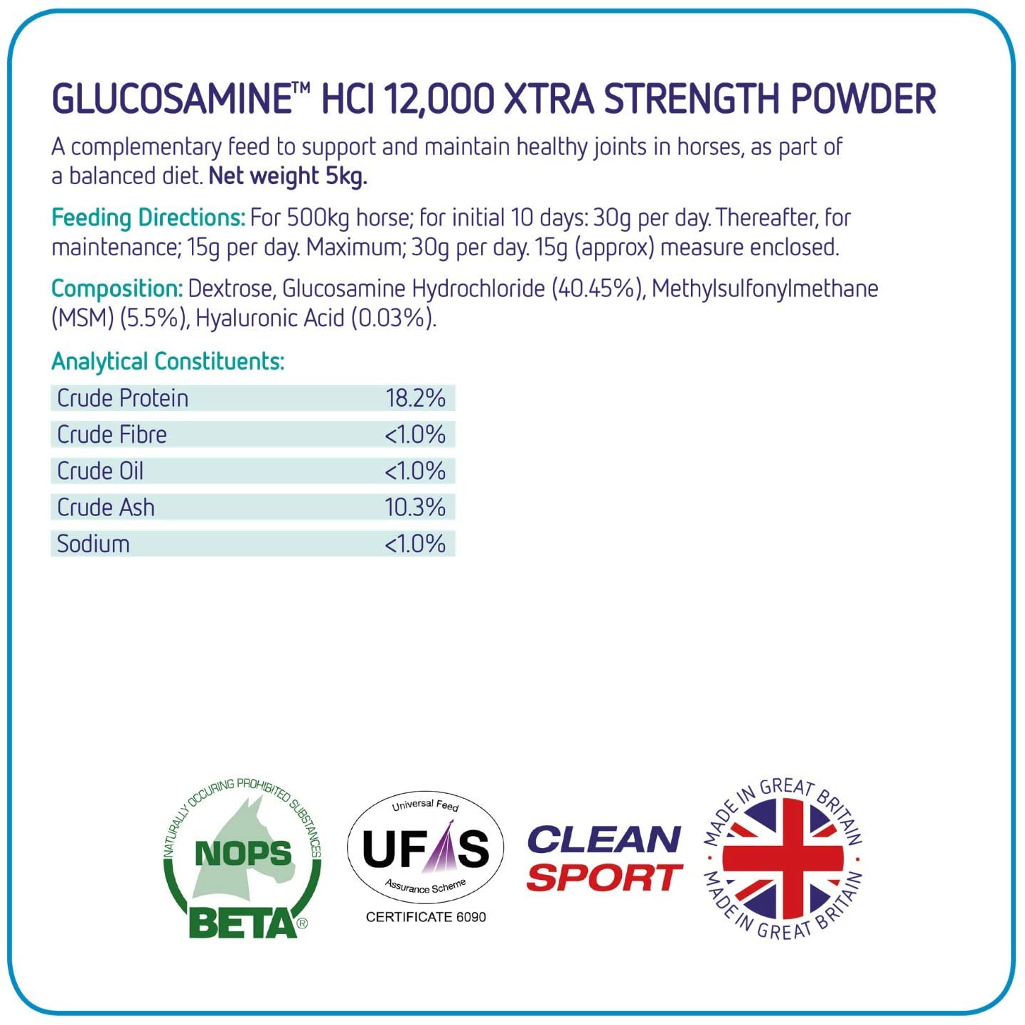  Equine America 204-UK Glucosamina HCI 12.000 con MSM y HA 5 kg (ahora 25% más fuerte) 