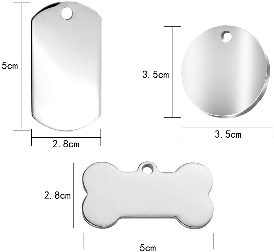  ExeQianming Etiquetas para identificación de Mascotas, de Acero Inoxidable, en Blanco, sin Letras, para identificación de Mascotas, Personalizadas, 3 especificaciones, 6 Unidades 