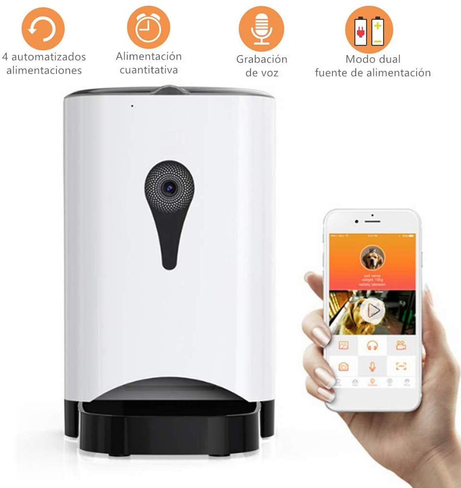  Febelle Alimentador automático Inteligente para Mascotas con cámara Control Remoto WiFi de vídeo Recargable comedero para Perros Gatos 