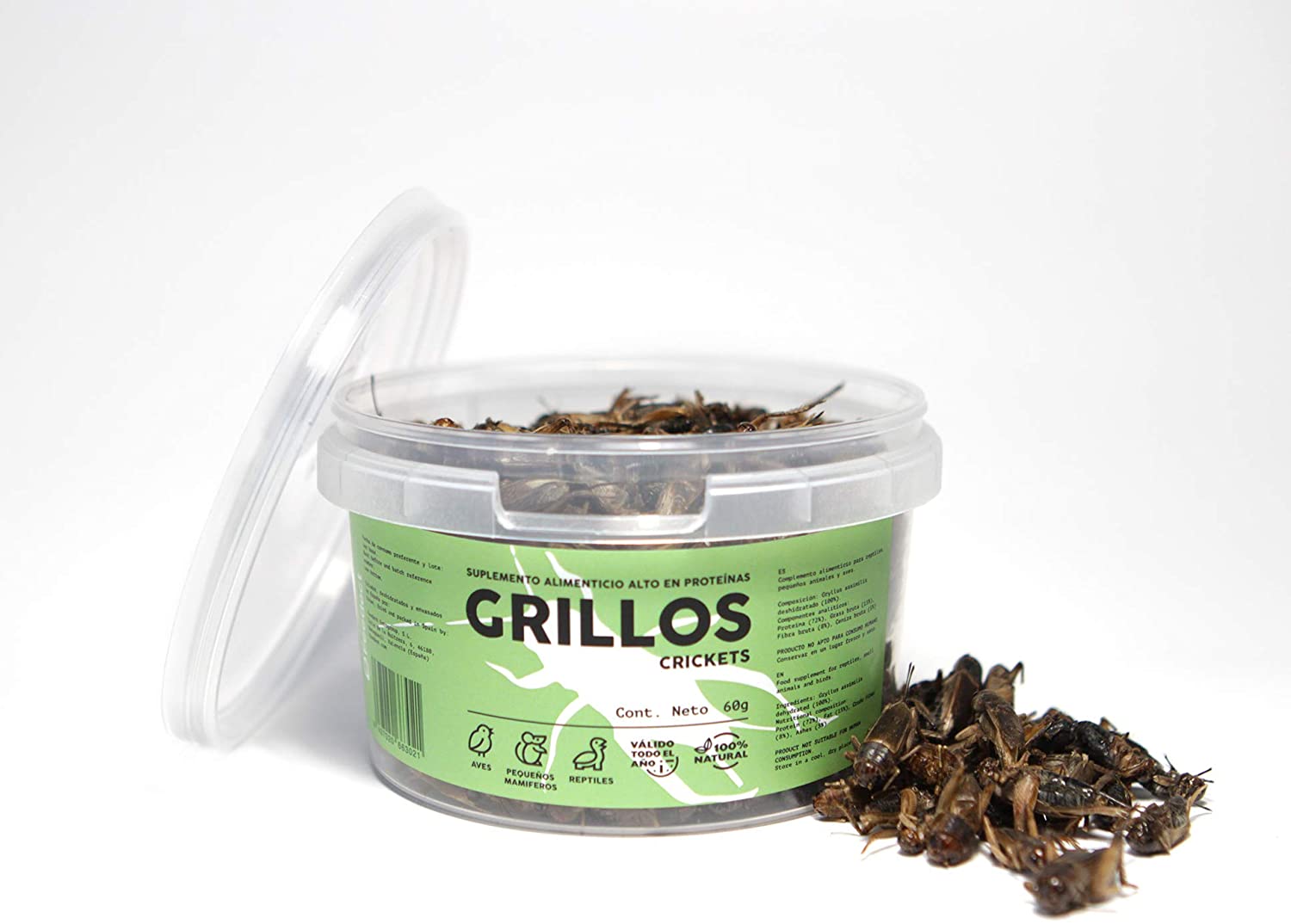  Feedect Grillo Deshidratado - Complemento Alimenticio Rico en Proteínas - 100% Natural - Comida para Pájaros, Aves de Corral, Tortugas, Saurios, Pogonas, Hámsters, Ratones, Pentauros, Jerbos (60) 