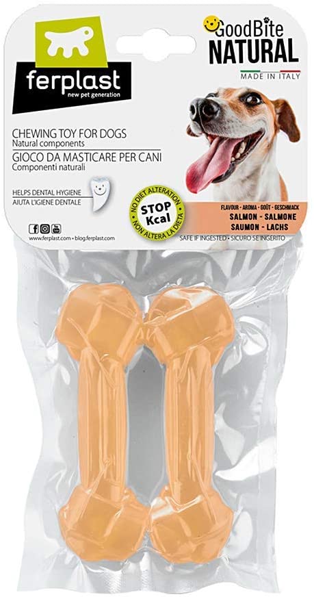  Ferplast 88040036 Goodbite S Juguete Hueso para La Higiene Oral, Sabor A Salmón, Perro Medio-Pequeño (5-10 Kg), Natural, 2 Piezas De 40G 