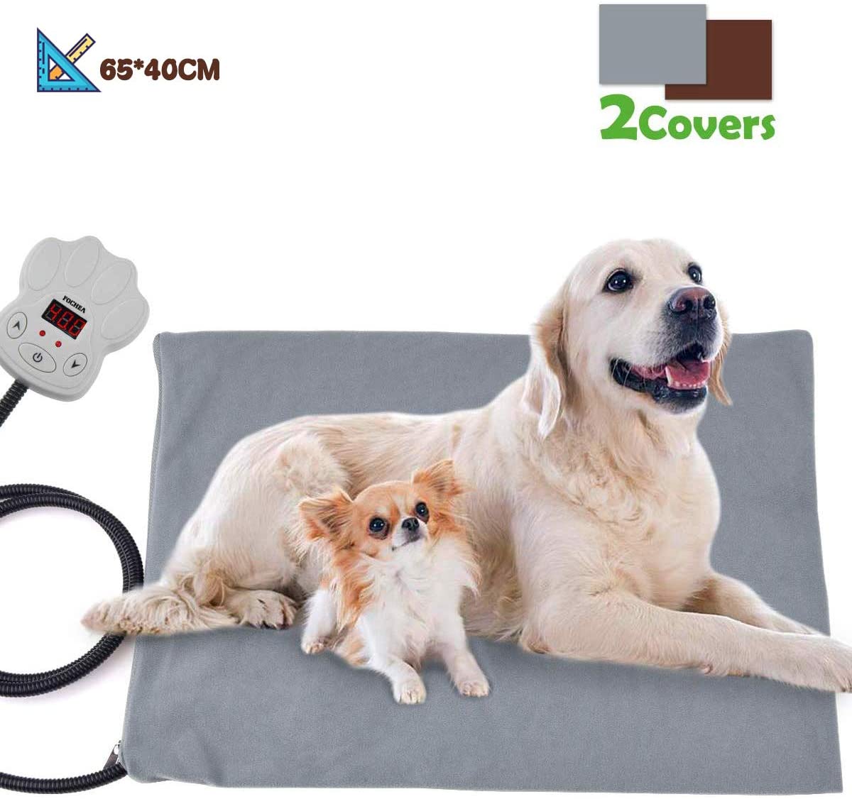  FOCHEA Manta Eléctrica Mascotas, Cojín de Calefacción para Perros y Gatos con 7 Niveles de Temperatura Ajustable, 25~55℃, 2 Cubiertas de Muletón (65 * 40 cm) 