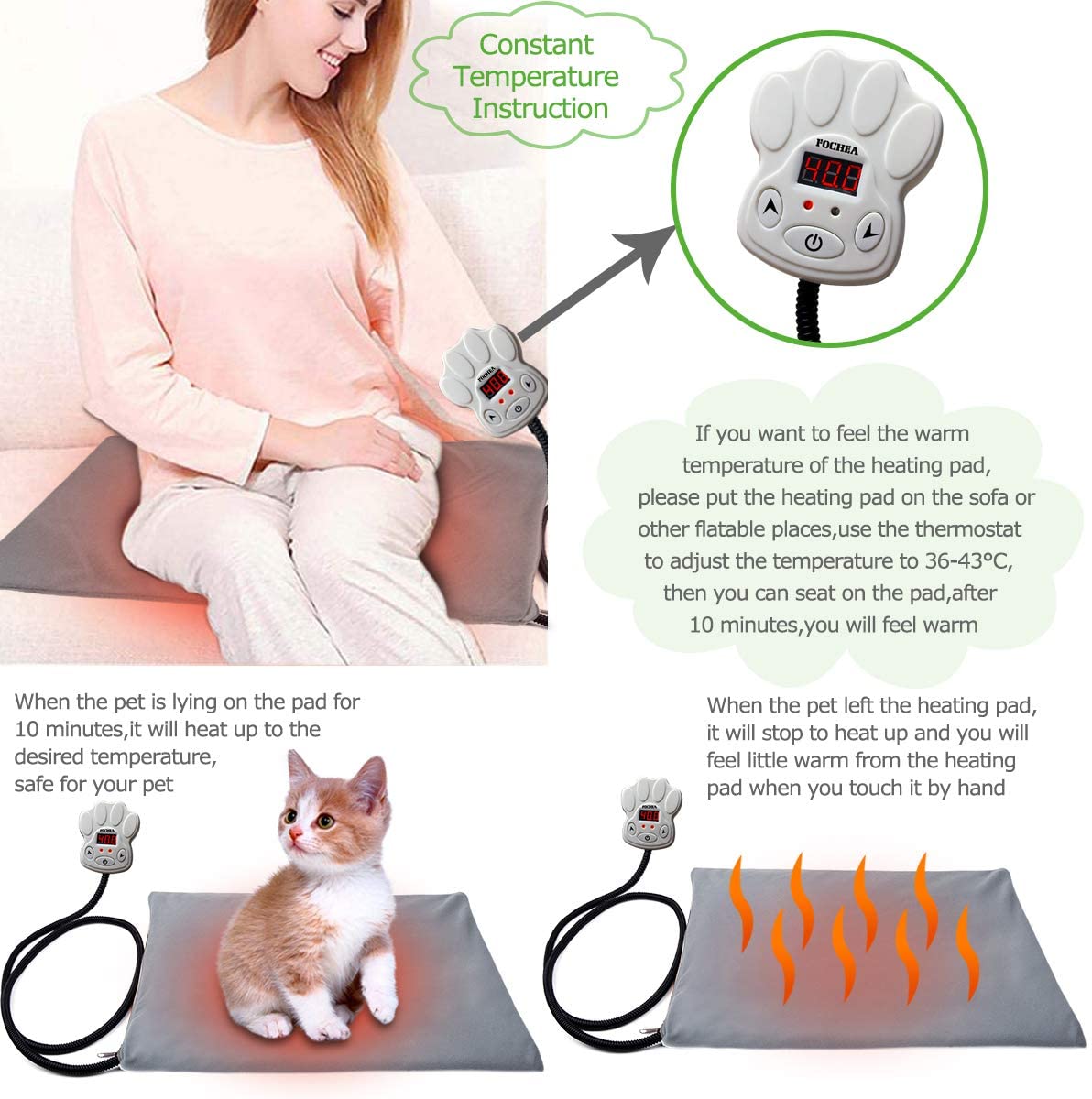  FOCHEA Manta Eléctrica Mascotas, Cojín de Calefacción para Perros y Gatos con 7 Niveles de Temperatura Ajustable, 25~55℃, 2 Cubiertas de Muletón (65 * 40 cm) 