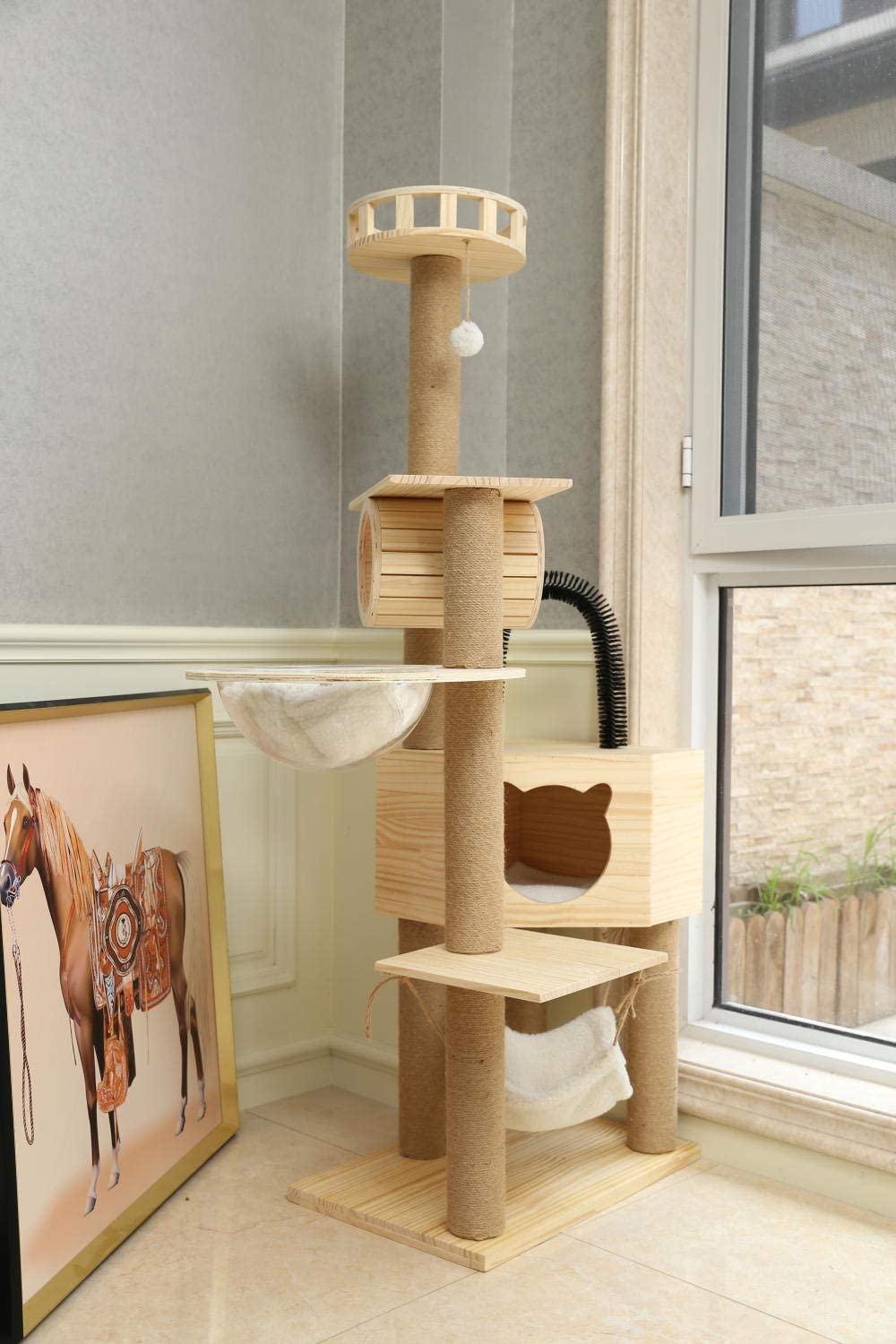  gengxinxin para Gatos con Árbol para Gatos Maciza Gatos Cápsula De Árbol De Gato Nido De Gato Plataforma De Salto De Gato Integrada Sisal Plataforma De Agarre De Gato-Valla De Madera Maciza 