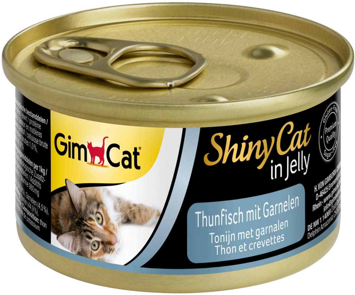  GimCat ShinyCat in Jelly – Comida para gatos con pescado en gelatina para gatos adultos – Atún con gambas – 24 latas (24 x 70 g) 