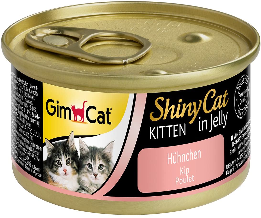  GimCat ShinyCat in Jelly Kitten – Comida para gatos: con trocitos extrapequeños en gelatina, indicada para gatitos jóvenes a partir de las 8 semanas – Sin azúcar añadido – Pollo – 24 latas (24 x 70 g) 