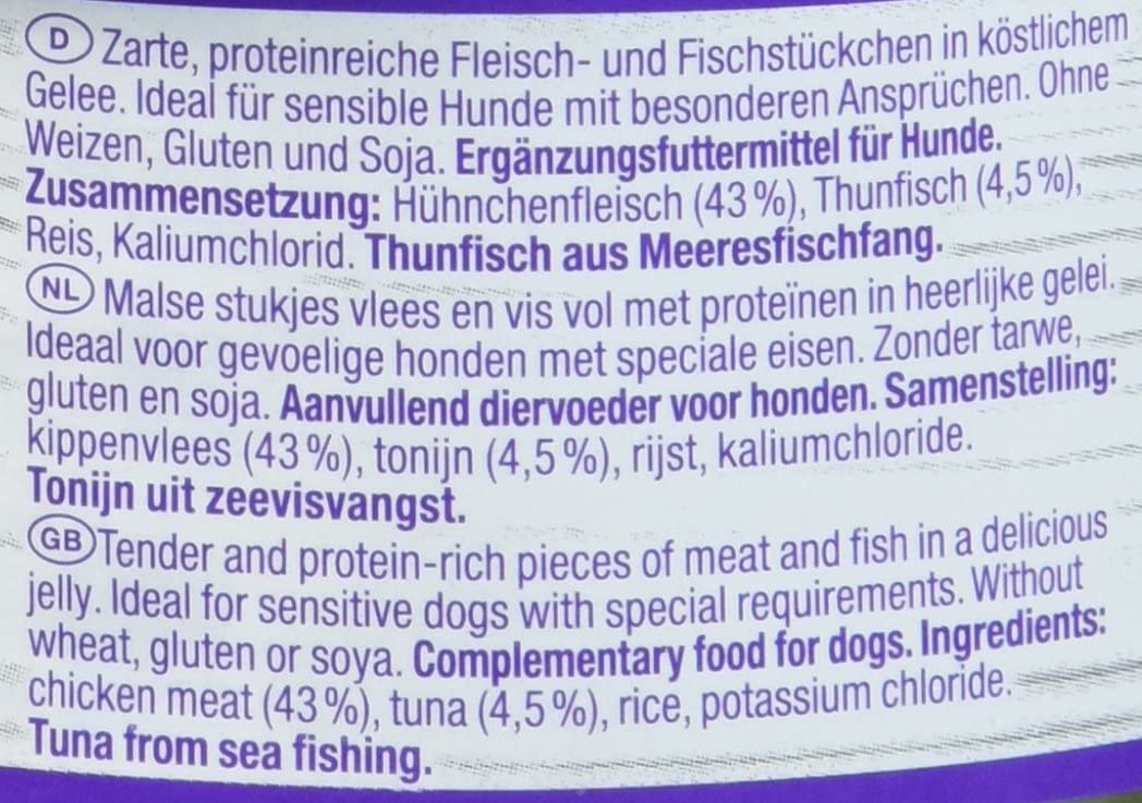  GimDog Pure Delight, pollo con atún – Snack rico en proteínas en deliciosa gelatina – Especial para perros de hasta 10 kg – Sin azúcar añadido – 12 latas (12 x 85 g) 