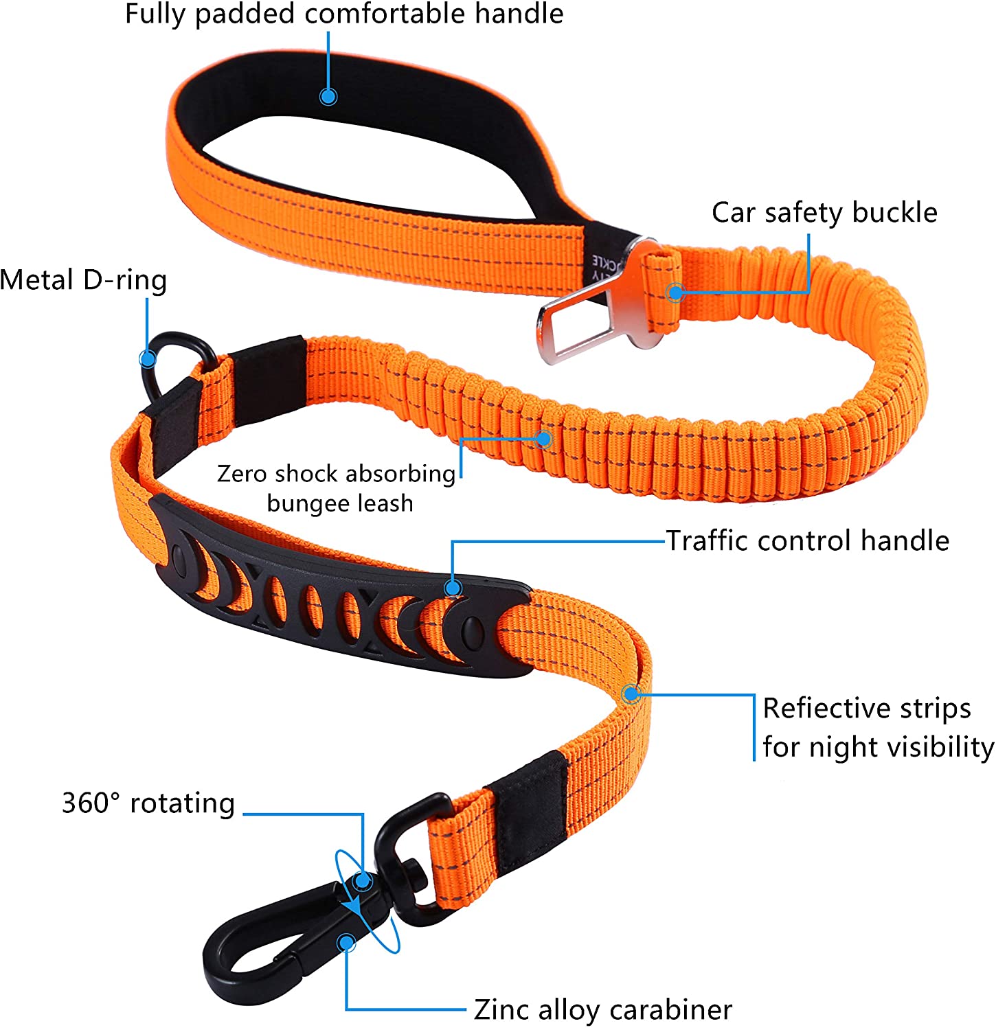  HAPPY HACHI Correas de Adiestramiento para Perros Nylon Correa Reflectantes Elástica para Perros Medianos Grandes con 2 Manijas Blandas Cinturón de Seguridad para Perros (longitud 110-150 cm, Naranja) 