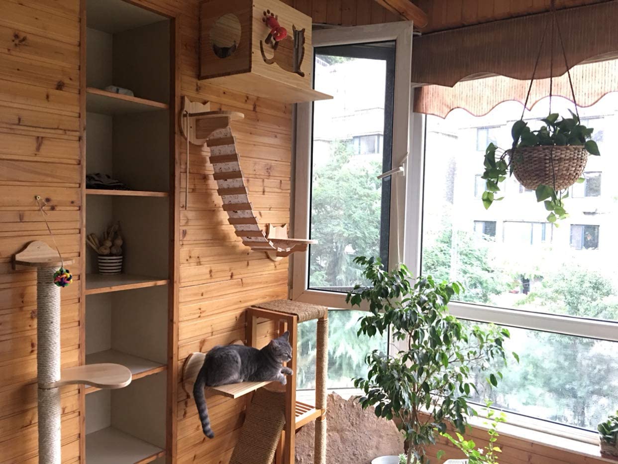  HC Árbol de Madera para Gatos montado en la Pared con estantes de Escalada, centros de Actividades para Gatos y Mascotas 