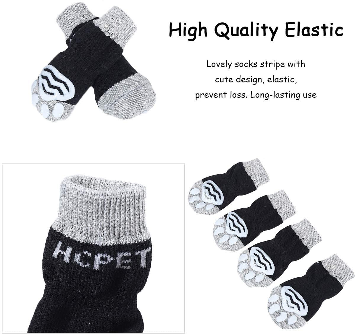  Hcpet Calcetines Antideslizantes para Perros, Protectores de Patas para Perros Gatos, Control de tracción para el Uso en Interiores, Ajuste para Perros Extra pequeños a Grandes (Negro, M) 