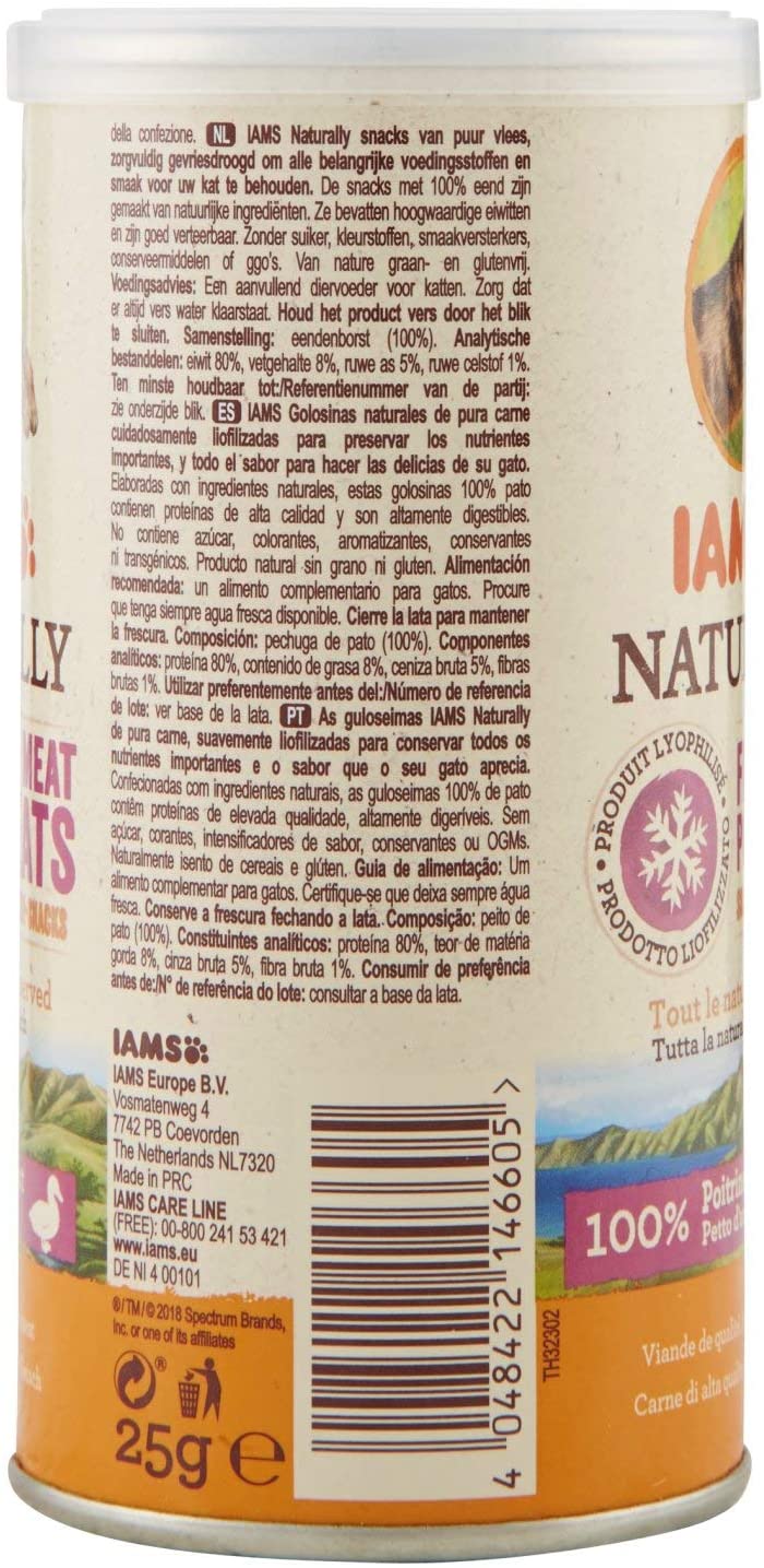  IAMS Naturally Treats para gatos 100% carne de pato Calidad nutricional y sabor conservado - Bajo en grasas - Sin cereales: OMG, azúcares añadidos, conservantes - Tubo de 25 g - Lote de 4 