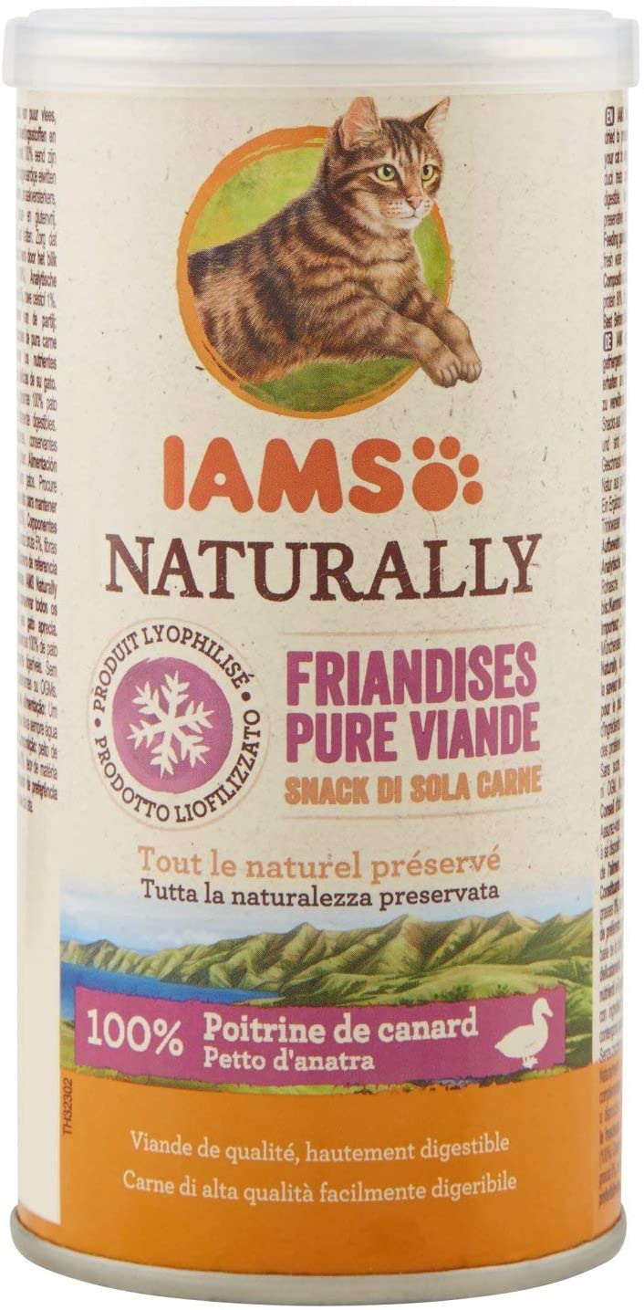  IAMS Naturally Treats para gatos 100% carne de pato Calidad nutricional y sabor conservado - Bajo en grasas - Sin cereales: OMG, azúcares añadidos, conservantes - Tubo de 25 g - Lote de 4 