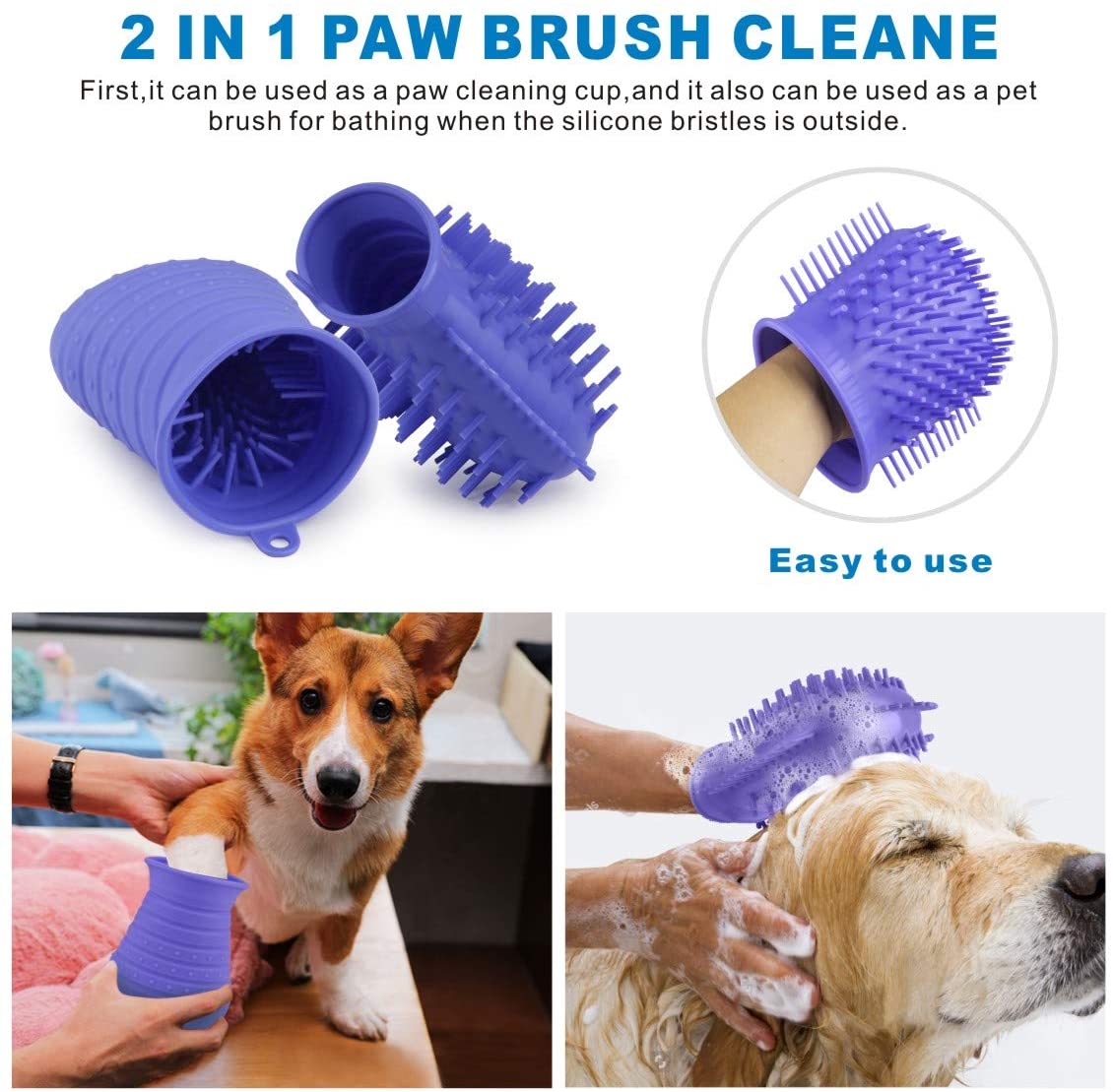  Idepet Limpiador de Huellas para Perros,Perros Lavadora Portatil,Cepillo De Limpieza para Mascotas con Toalla Pet Paw Cleaner para Perros Gatos Masaje Aseo Sucio Garras Púrpura 