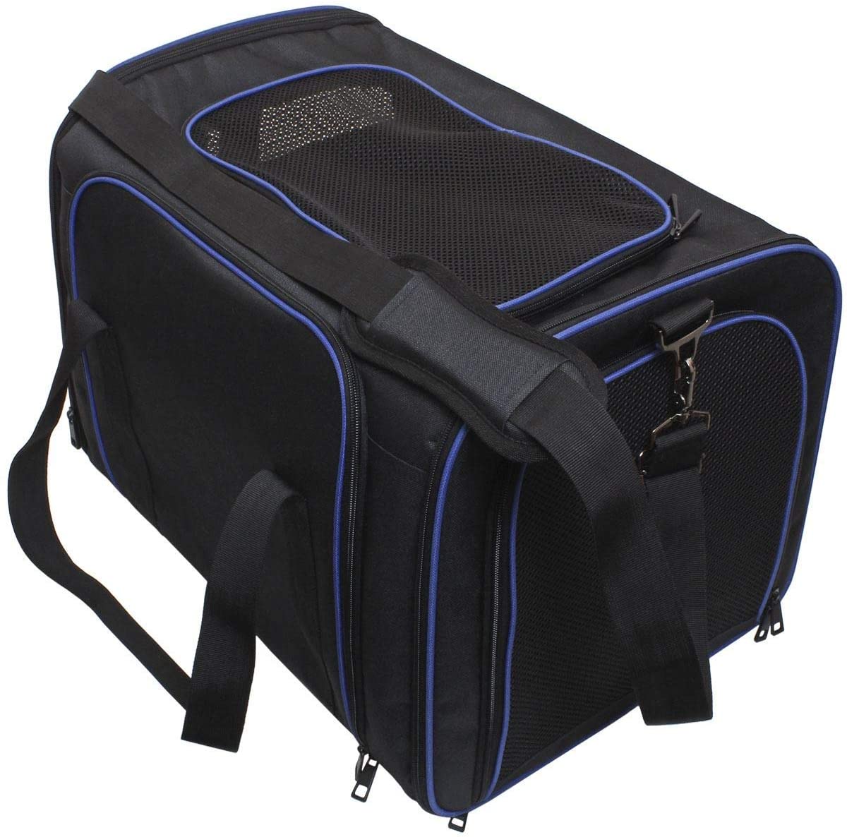  igadgitz Xtra U6999 - Trasportin Mascotas - Negro/Borde Azul - XL 40 x 40 x 60 cm 