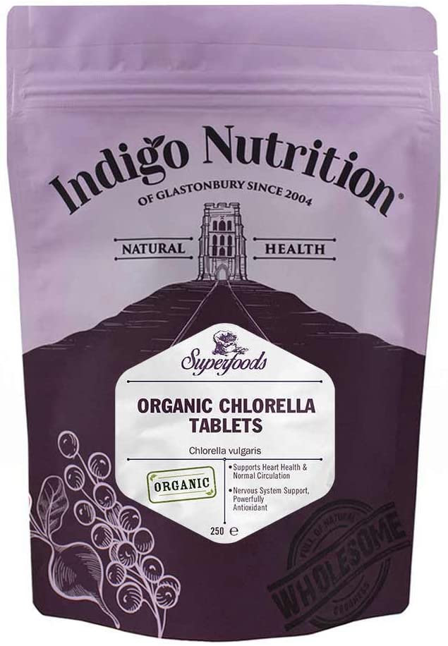  Indigo Herbs Tabletas de Clorella de pared celular rota orgánica - 250 comprimidos (500mg) 