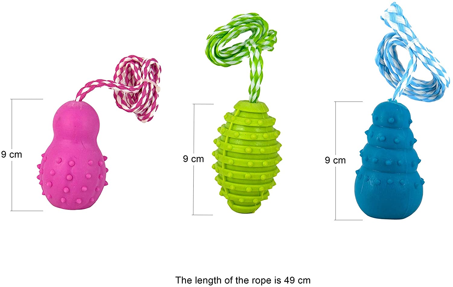  Juguetes de goma masticar divertido saltarina resistente sonido de forma torre en una cuerda de 40 cm para perros más un regalo de pelota vinilo de 9 cm, enviados de formas y colores aleatorios. 