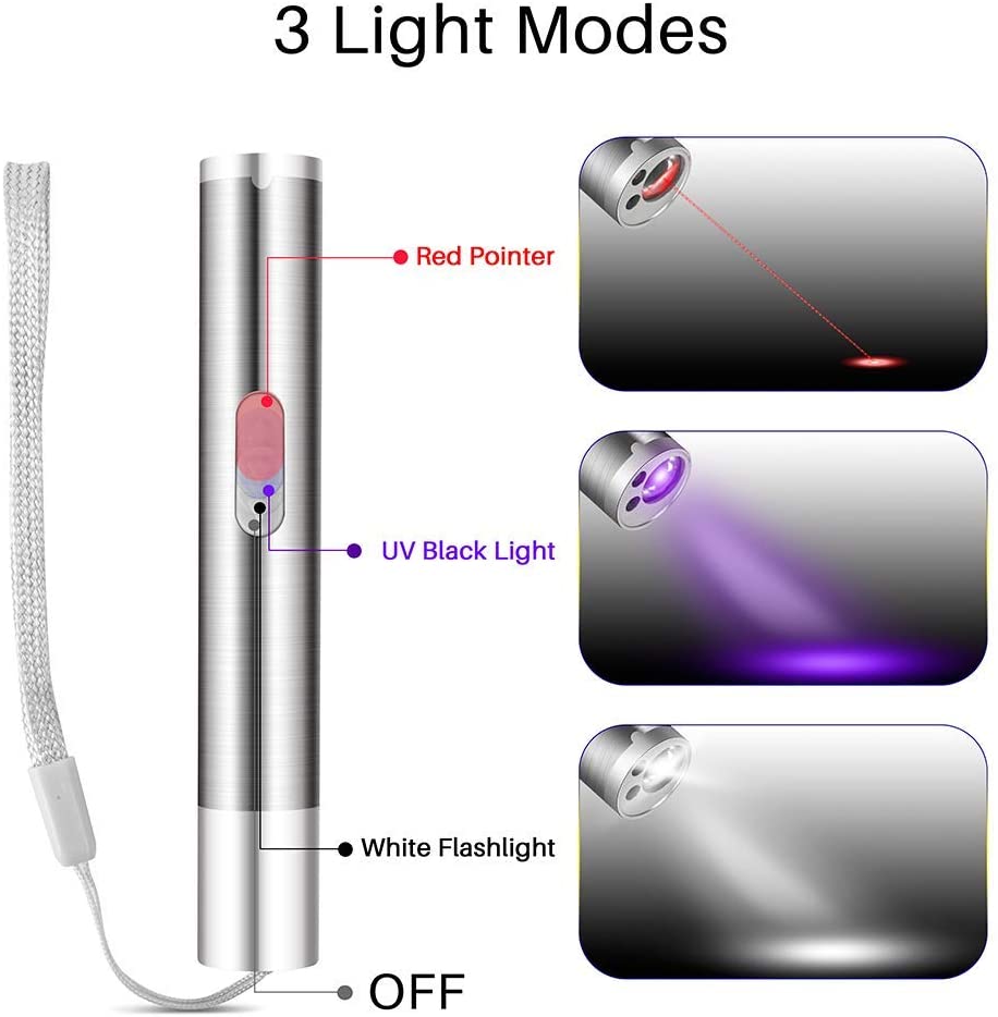  Juguetes para gatos Puntero LED, USB recargable 3 en 1 Función, Mini linterna + Luz roja + Luz ultravioleta, Interactivo Mascota Comando de luz, Herramienta de entrenamiento para Gato Perro Cazador 