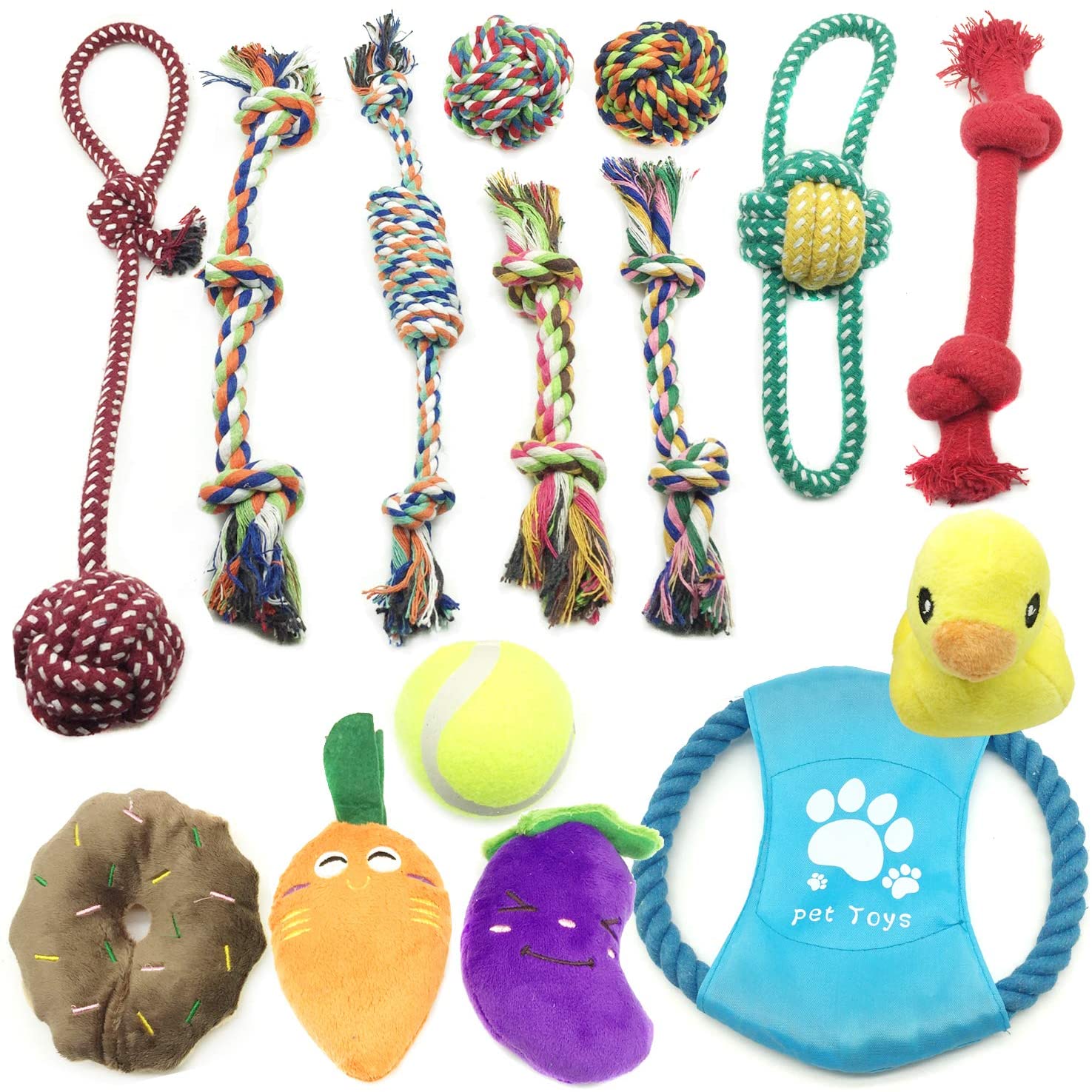  Juguetes para Perros, PietyPet Juguetes de Cuerdas y Juguetes de peluche con sonido, Frisbees Juguetes para morder, Pelotas Juguetes interactivos para Pequeñas y Medianas Perros, 15 Piezas 