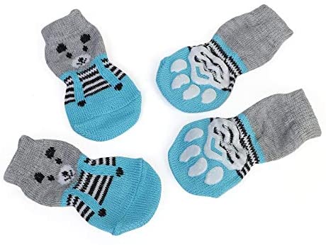  Jullyelegant Suministros para Mascotas Dibujos Animados Calcetines para Mascotas Lindos Calcetines para Gatos Calcetines para Cachorros Zapatos y Calcetines Suaves y cómodos 4 Piezas - Azul y Gris M 