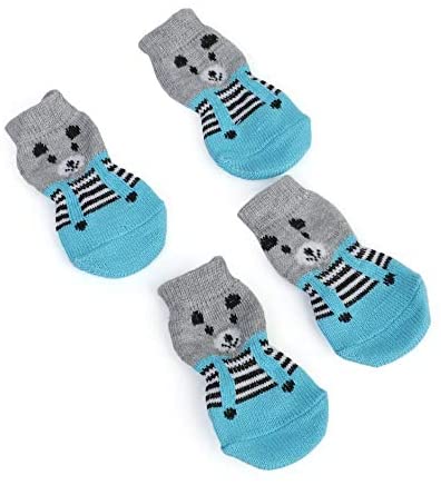  Jullyelegant Suministros para Mascotas Dibujos Animados Calcetines para Mascotas Lindos Calcetines para Gatos Calcetines para Cachorros Zapatos y Calcetines Suaves y cómodos 4 Piezas - Azul y Gris M 