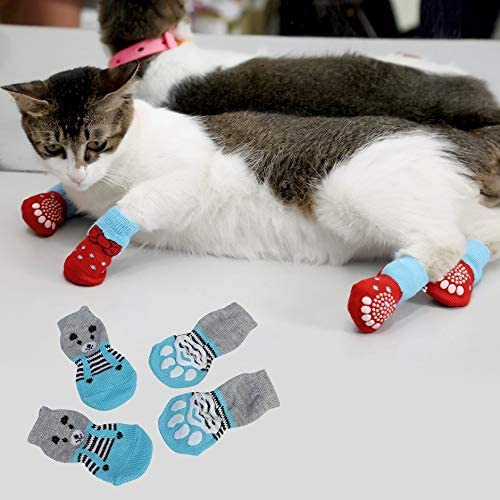  Jullyelegant Suministros para Mascotas Dibujos Animados Calcetines para Mascotas Lindos Calcetines para Gatos Calcetines para Cachorros Zapatos y Calcetines Suaves y cómodos 4 Piezas - Azul y Gris M 