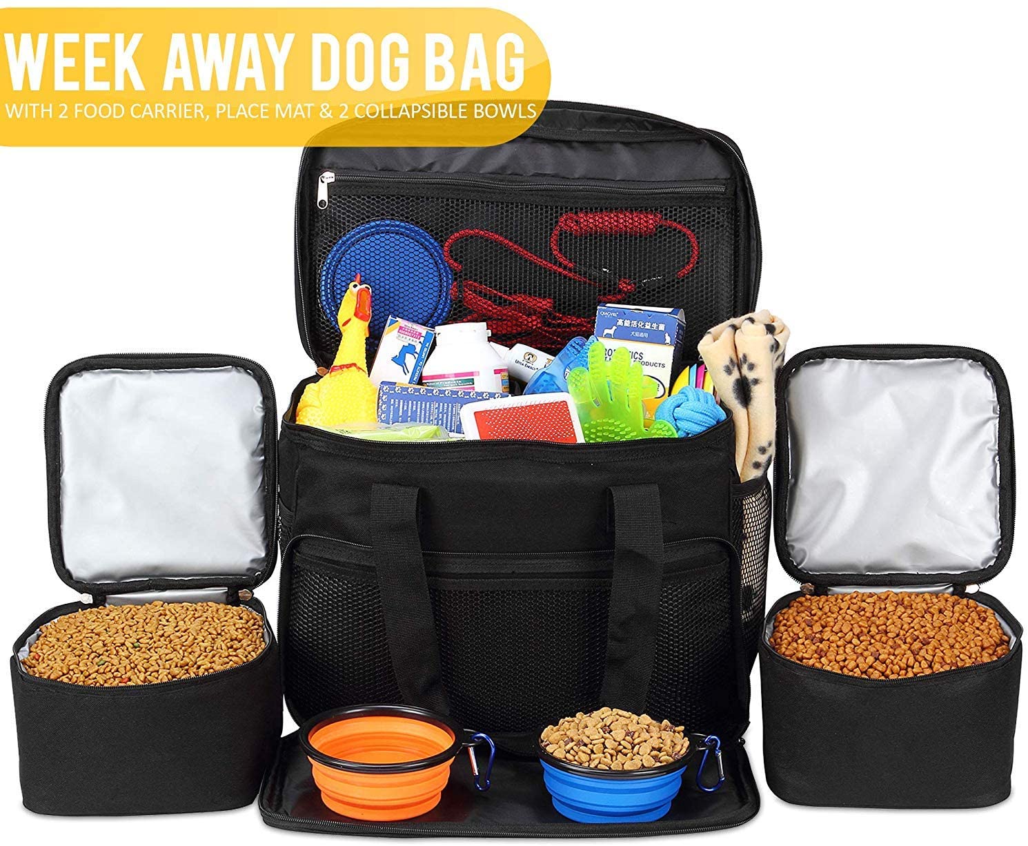  KOPEKS Bolsa de Viaje para Perros, Gatos, Mascotas, Bolso Térmico con Compartimientos, Comedero y Bebedero Plegables - Kit de Viaje - Negro 