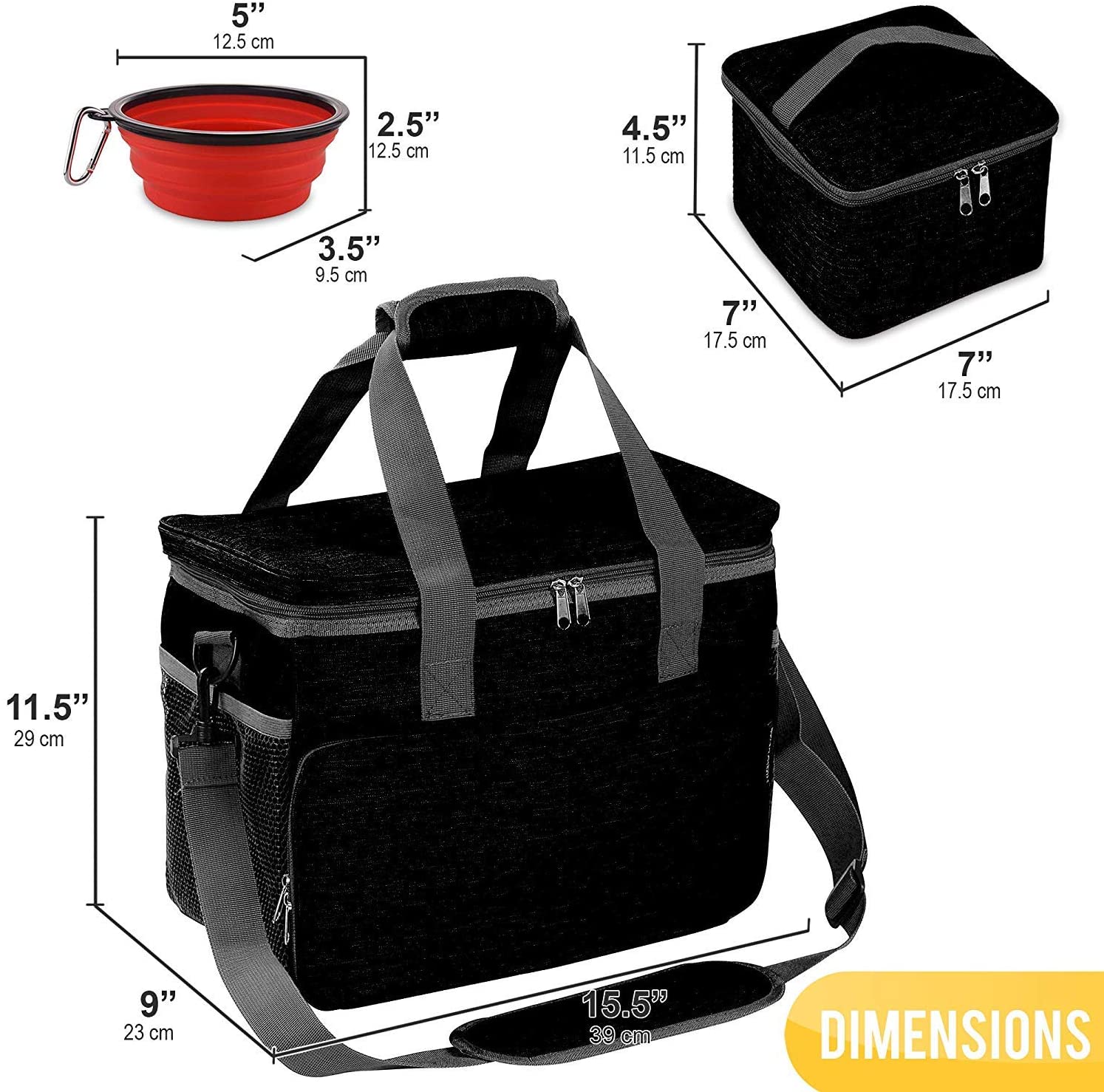  KOPEKS Bolsa de Viaje para Perros, Gatos, Mascotas, Bolso Térmico con Compartimientos, Comedero y Bebedero Plegables - Kit de Viaje - Negro 