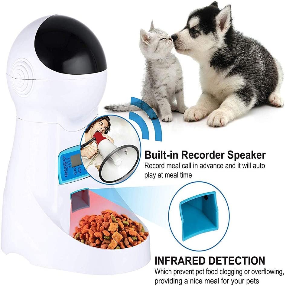  Liyanan Alimentador automático de Gatos, dosificador de Alimentos para Mascotas con Temporizador Control de porciones programable y grabadora de Voz, 4 Comidas,Capacidad: 3.5L 