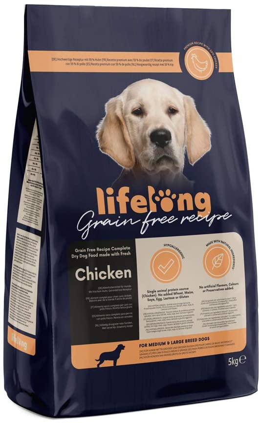  Marca Amazon - Lifelong Alimento seco completo con pollo fresco para perros de razas medianas y grandes, receta sin cereales - 5kg*2 