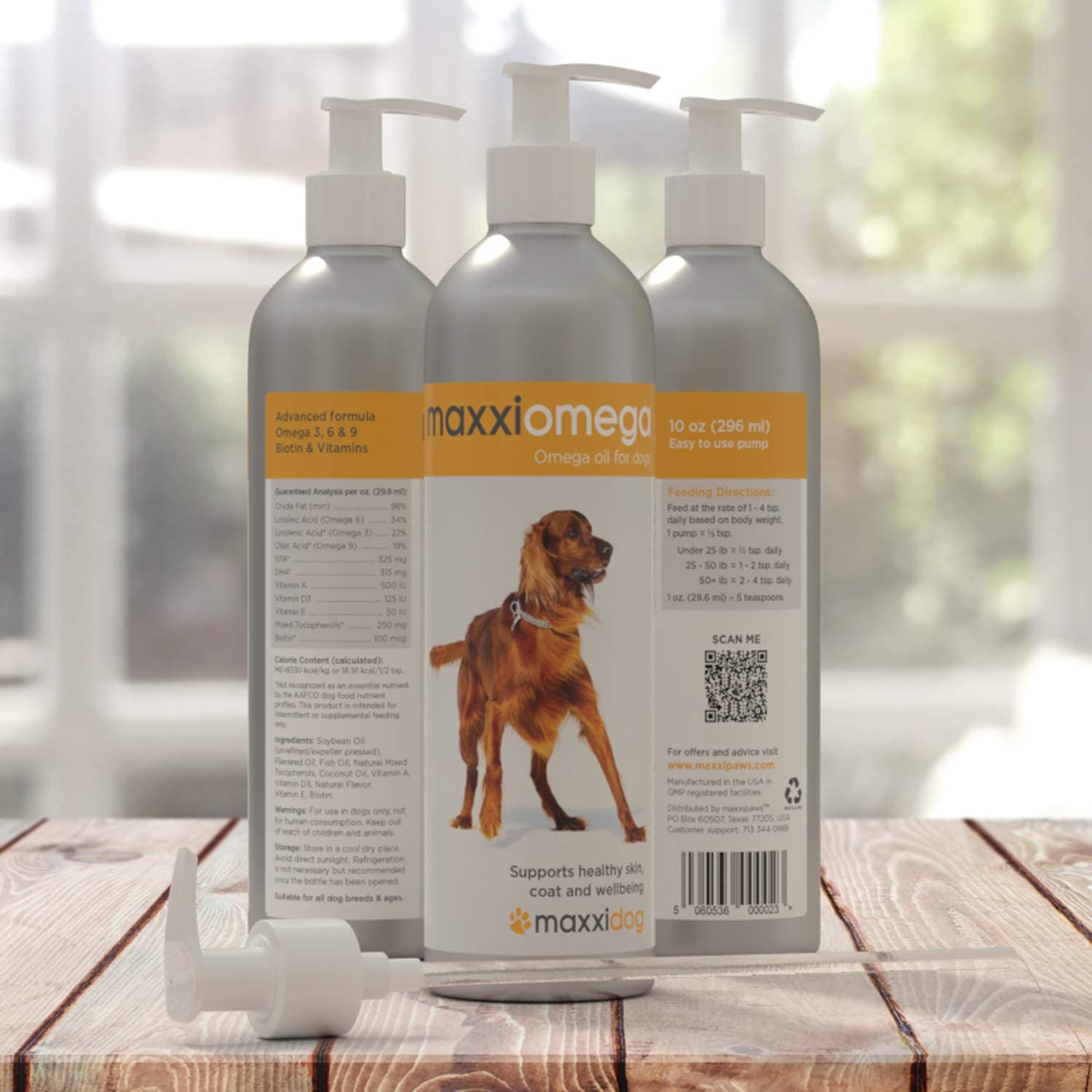  maxxidog – maxxiomega –Aceite para Perros con Bomba Fácil de Usar - Omega 3, 6 y 9, además de Vitaminas A, D y E y Biotina - Para Piel Sana y Pelaje Brillante - Sin Olor de Pescado - Suplemento Líquido 296 ml 