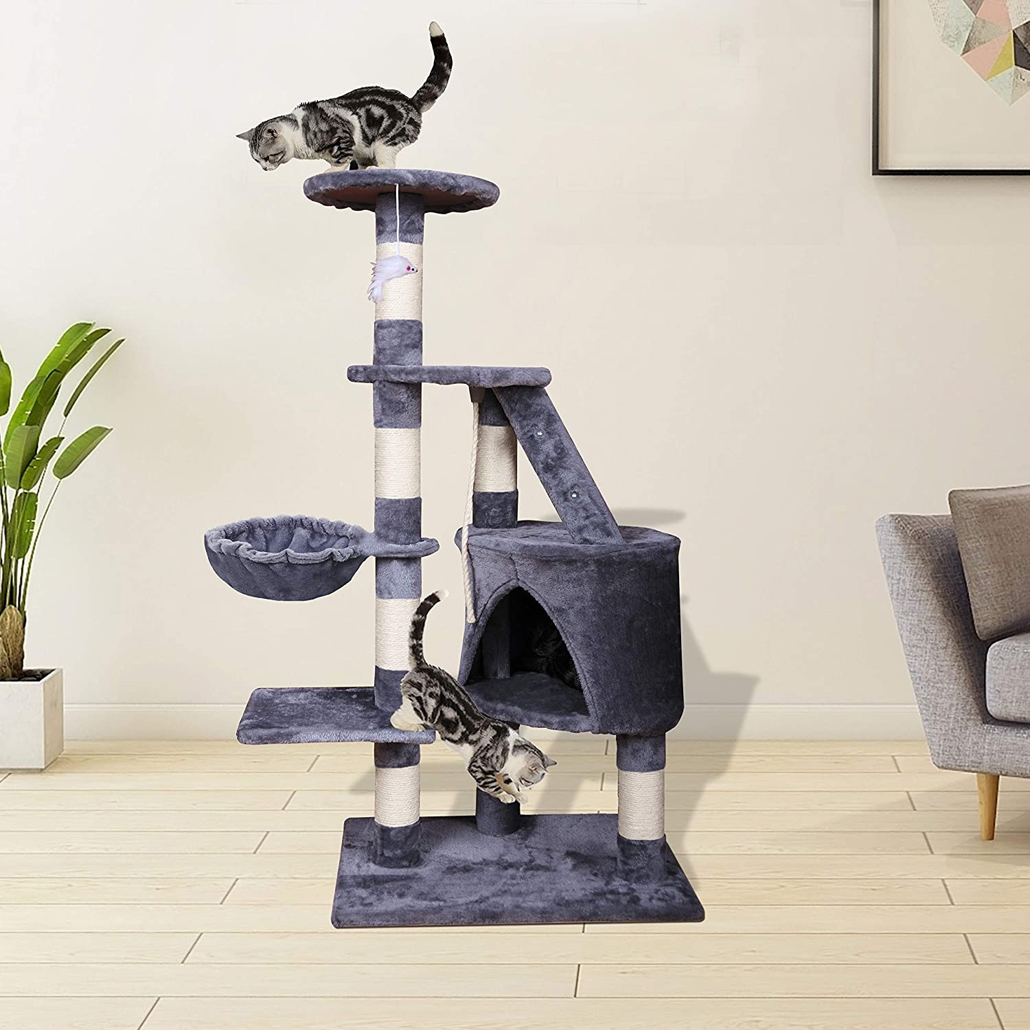  MC Star Árbol para Gato torre de escalada 120cm Gris Estable Rascador con Nidos, Hamaca, Plataformas, Juguete para gatos, Poste De Rascar De Sisal natural, PCT01305 