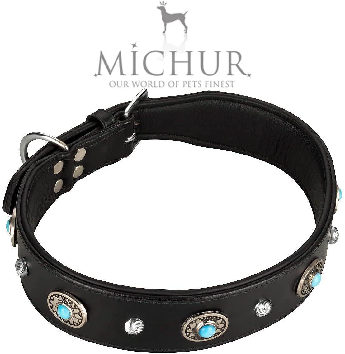  MICHUR Alonzo Collar de Cuero Grande para Perros, Collar de Cuero, Collar, Piedras Azules con RIVOS Redondos, Disponible en Varios tamaños, Collar Cuero 