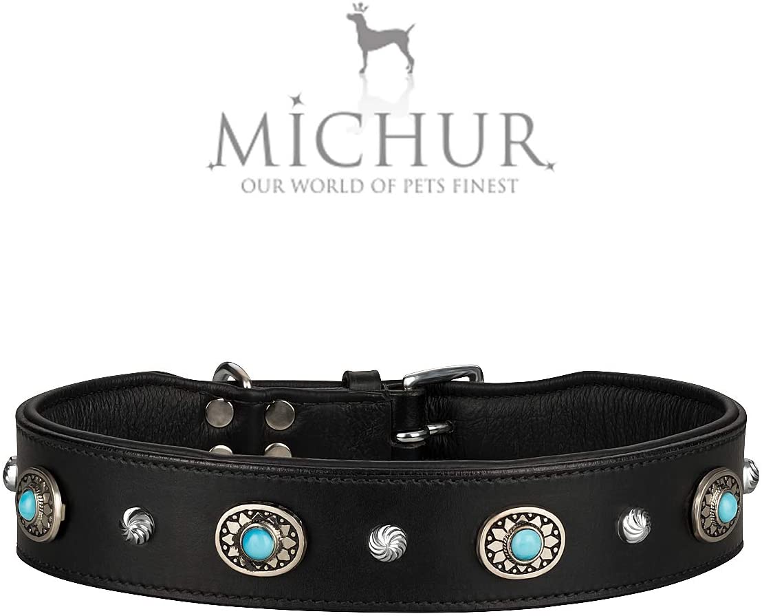  MICHUR Alonzo Collar de Cuero Grande para Perros, Collar de Cuero, Collar, Piedras Azules con RIVOS Redondos, Disponible en Varios tamaños, Collar Cuero 