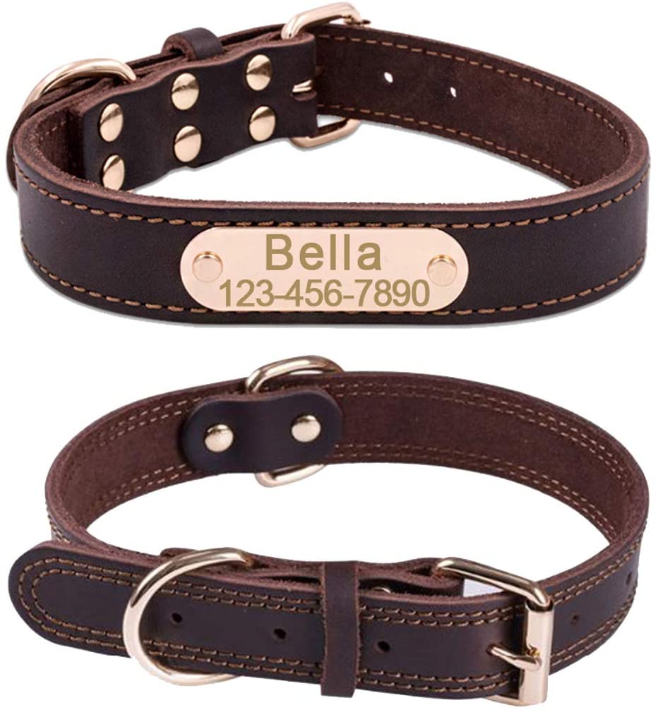  Mihqy Collar de Perro de Cuero Personalizado,Placa de Identificación Grabada con Nombre y número de Teléfono Grabado con láser,Ajustable, Perros pequeños, medianos y Grandes 