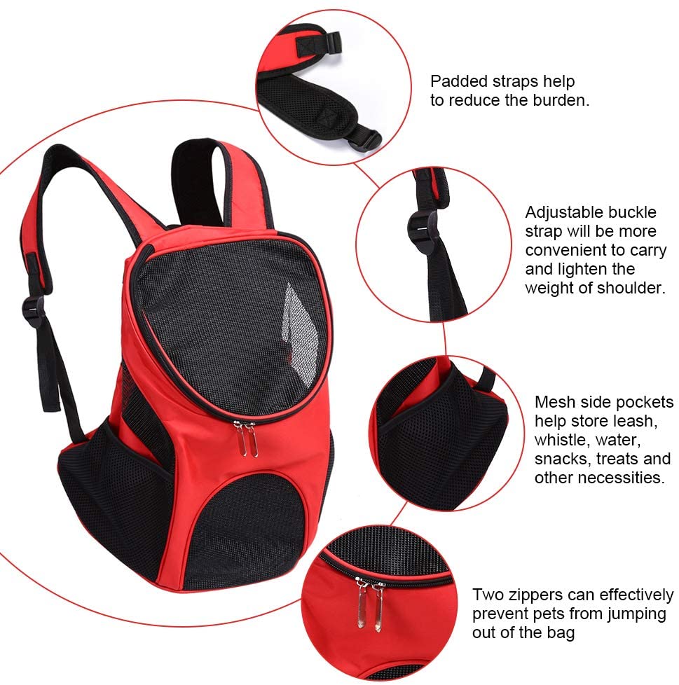  Mochila portadora de Perros, Manos Libres Ajustable Malla ventilada Caminata Senderismo Viajando Bolso Doble para Llevar Perros Mascotas Cachorro(Rojo) 