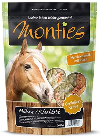  Monties Pferdeleckerlis, Möhre-/Kleeblatt-Snacks, Gebacken, tamaño Aprox. 4,3 cm de diámetro, 500 g de Galletas. 