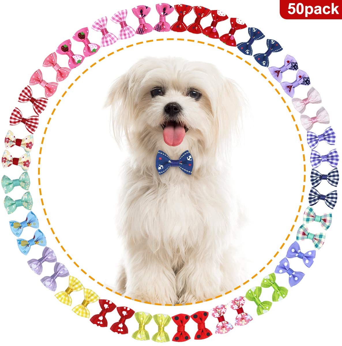  NATUCE Perro Arcos de Pelo 50 Pcs Lazos para el Pelo de Mascotas con Bandas de de Goma, Accesorios para el Pelo para Perro Mascota y Perrito 