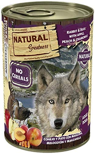  Natural Greatness Comida Húmeda para Perros de Conejo y Pato con Manzana, Melocotón y Manzanilla. Pack de 6 Unidades. 400 gr Cada Lata 