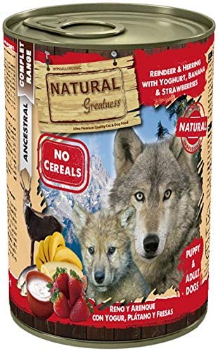  Natural Greatness Comida Húmeda para Perros de Reno y Arenque con Yogur, Banana y Fresas. Pack de 6 Unidades. 400 gr Cada Lata 