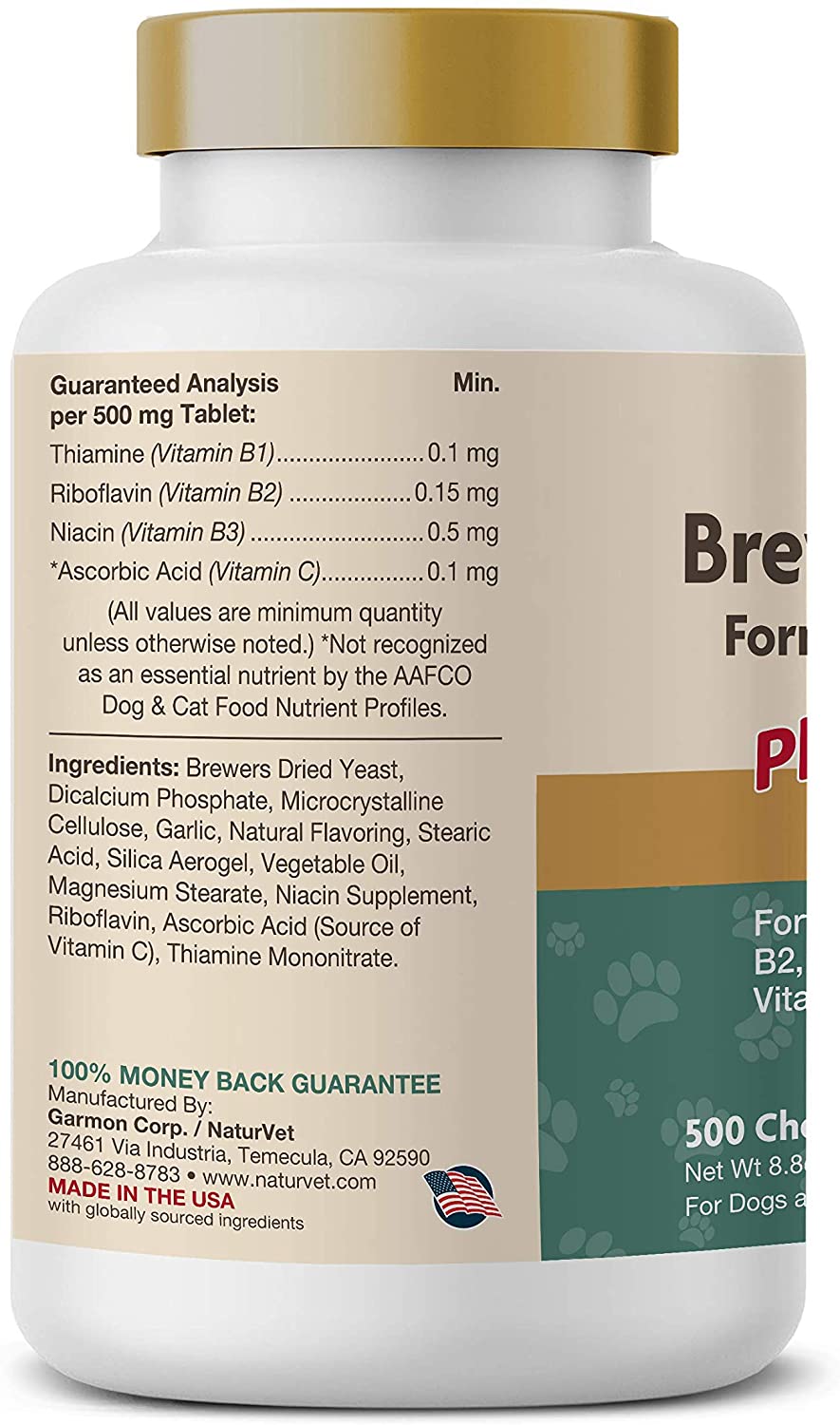  NaturVet LEVADURA DE Cerveza Seca Ajo Omega 3 y 6 Perros Gatos 500 Tabletas 