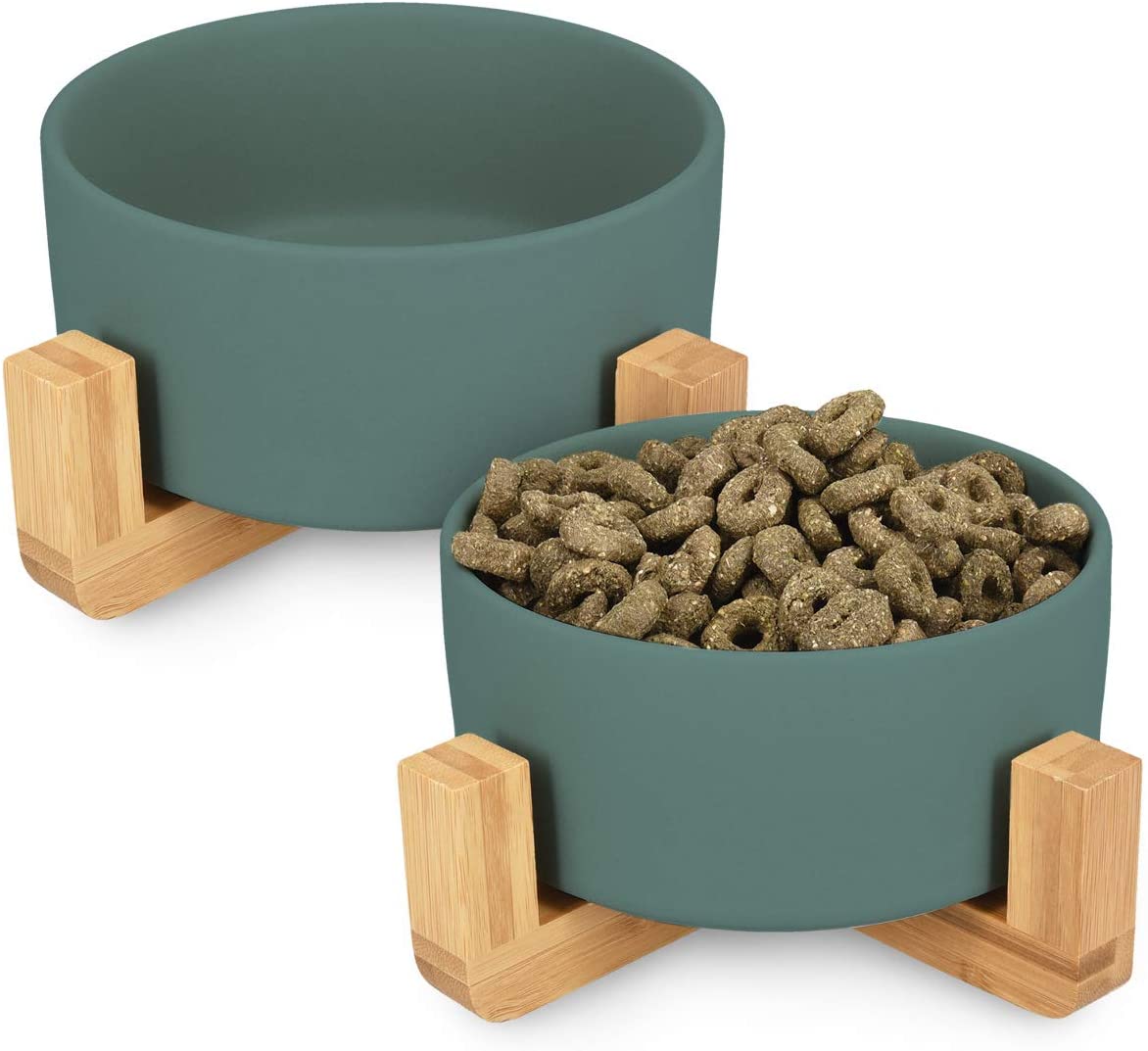  Navaris 2X Cuencos elevados para Mascotas - Comedero y Bebedero de cerámica para Perros Gatos Cachorros - con Soportes de bambú Antideslizante - en Verde 