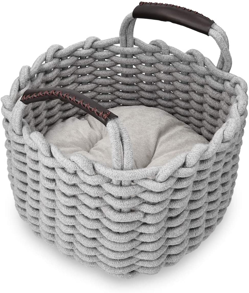  Navaris Cama para Gatos pequeños - Cesta Redonda de algodón Trenzado para Mascotas con Asas y cojín Desmontable - Cesta Gris para Perros y Gatos 