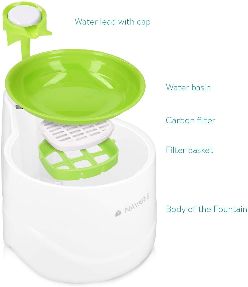  Navaris Fuente de Agua para Gatos y Perros - Bebedero de 2 litros con Filtro y Bomba Sumergible - Dispensador de Agua con Flujo Ajustable Color Verde 