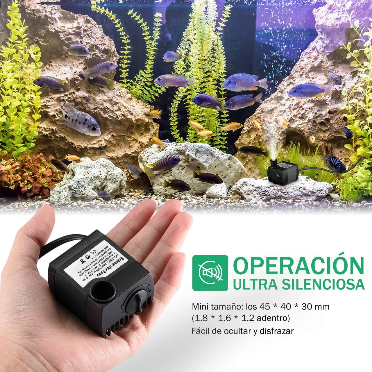  OMORC Mini Bomba de Agua, Ultra Silencioso 300L/H, 48 Horas de Combustión en Seco, Bomba Sumergible 4W, Bomba de Circulación para Pecera Acuario Jardín, Estanque, Fuente, 1.7M Cable y 2 Boquillas 