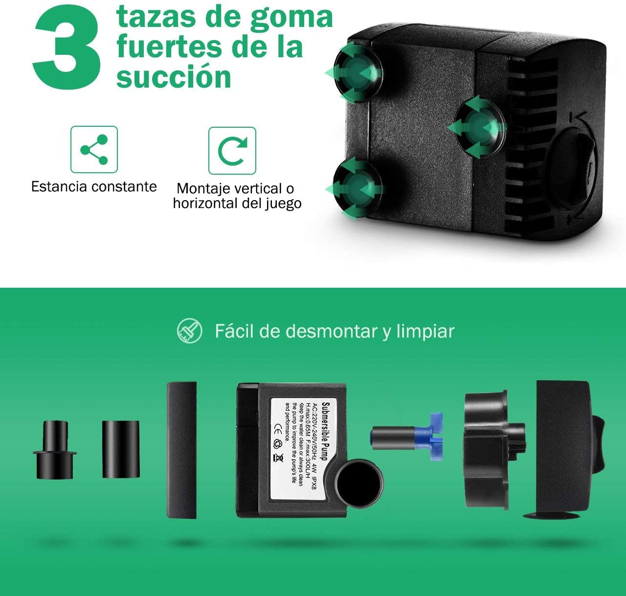  OMORC Mini Bomba de Agua, Ultra Silencioso 300L/H, 48 Horas de Combustión en Seco, Bomba Sumergible 4W, Bomba de Circulación para Pecera Acuario Jardín, Estanque, Fuente, 1.7M Cable y 2 Boquillas 