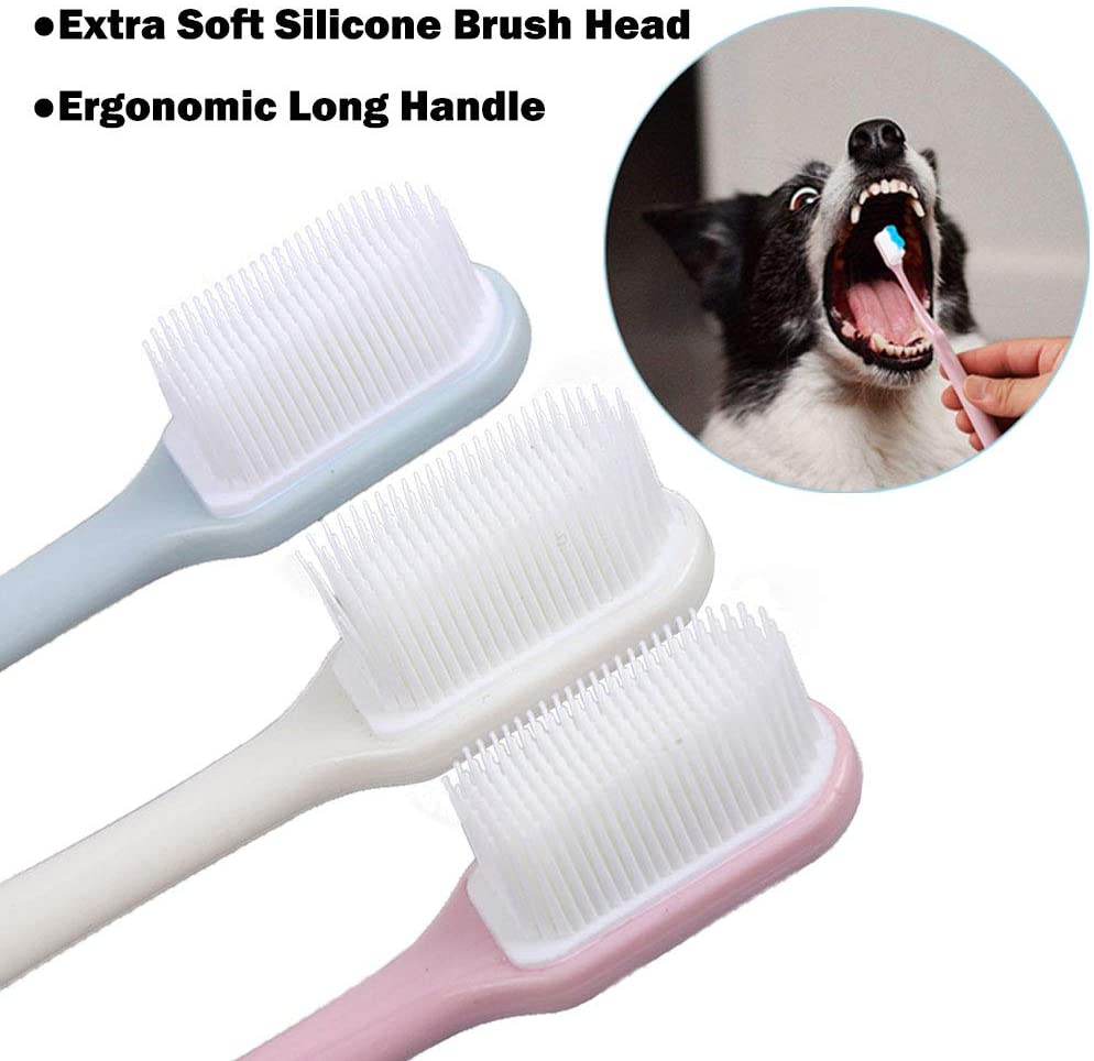  onebarleycorn - Juego de 3 cepillos de Dientes para Perro, de Silicona Suave con Mango Largo para Cachorros Perros pequeños medianos Gatos y la mayoría de Mascotas 